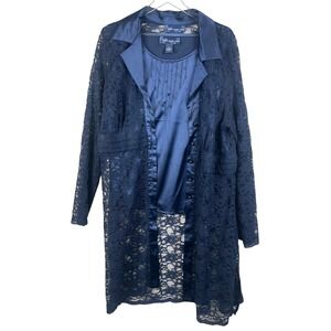 Susan Graver Plus Lace Coat Tank 2X Navy Blue Lace Overlay Top Shirt Blouse